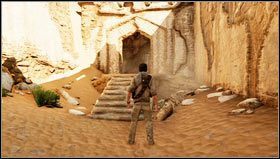 After an unsuccessful attempt to drink water, we go to the gap and climb the wall on the left [1] - Uncharted 3: Chapter 19 - The Settlement walkthrough - Walkthrough - Uncharted 3 Drakes Deception Guide