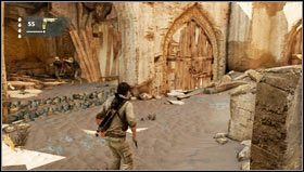 After defeating a small group of enemies, proceed to the left side of the square [1] and eliminate another wave of enemies - Uncharted 3: Chapter 19 - The Settlement walkthrough - Walkthrough - Uncharted 3 Drakes Deception Guide