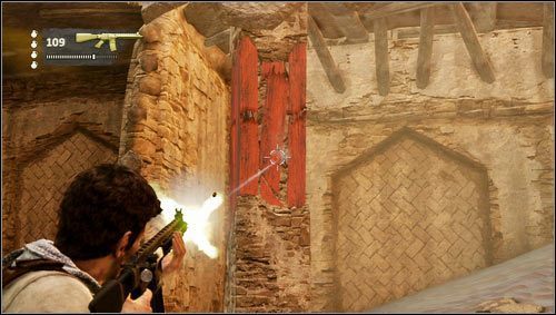 After you move through the gate, Marlos man will run up and destroy the pillar that supports the floor youre currently standing on - Uncharted 3: Chapter 19 - The Settlement walkthrough - Walkthrough - Uncharted 3 Drakes Deception Guide