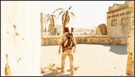 After the battle cross the street [1] and squeeze through a narrow gap - Uncharted 3: Chapter 19 - The Settlement walkthrough - Walkthrough - Uncharted 3 Drakes Deception Guide