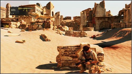 Apart from a large number of opponents assaulting your position, you have to confront bandit equipped with rocket launcher - Uncharted 3: Chapter 19 - The Settlement walkthrough - Walkthrough - Uncharted 3 Drakes Deception Guide