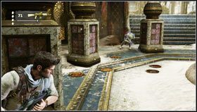 In the room with a snake statue [1] you have to jump down and start a series of short fights with small groups of opponents standing in your way [2] - Uncharted 3: Chapter 22 - The Dreamers of the Day walkthrough, Talbot boss fight - Walkthrough - Uncharted 3 Drakes Deception Guide