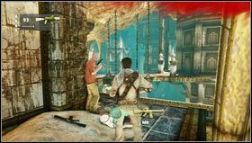 Run to the other side of the ledge and climb the wall from which you can get to the blocks that move up [1] - Uncharted 3: Chapter 22 - The Dreamers of the Day walkthrough, Talbot boss fight - Walkthrough - Uncharted 3 Drakes Deception Guide