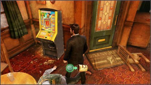 After defeating a bandit in the toilet, enter a large room with a bar and approach the vending machine, where you can find a treasure [1] - Uncharted 3: Chapter 1 treasures guide - Treasures - Uncharted 3 Drakes Deception Guide