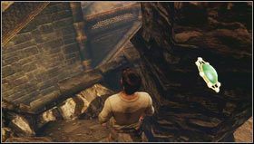 In the room with a puzzle associated with cog wheels behind the pillar [1], there is a treasure hidden by the entrance [2] - Uncharted 3: Chapter 11 treasures guide - Treasures - Uncharted 3 Drakes Deception Guide