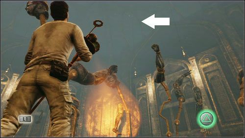 In a room with body parts puzzle you have to use a lamp and light the ceiling on the right in order to find a treasure [1] - Uncharted 3: Chapter 11 treasures guide - Treasures - Uncharted 3 Drakes Deception Guide