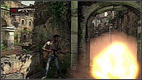 When it was safe, he climbed the building on the square and jumped onto the damaged balcony on the left - Uncharted 1: To the Tower - Chapter 9 walkthrough - Walkthrough - Uncharted Drakes Fortune Guide