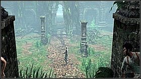 After climbing the stairs above the stream, the duo encountered some enemies - Nate quickly eliminated the opponent on the right, and then killed the commando (equipped with a laser sight) on the left by evading his attacks (Circle + Left Stick) - Uncharted 1: Sanctuary - Chapter 13 walkthrough - Walkthrough - Uncharted Drakes Fortune Guide