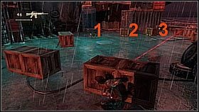 Drake quickly took cover behind boxes and killed three enemies (beginning with the one on the right ) - Uncharted 1: Showdown - Chapter 22 walkthrough, Navarro boss fight - Walkthrough - Uncharted Drakes Fortune Guide