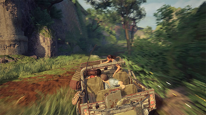 Perform shoves to get rid of the motorcycles as their passengers can jump on your jeep and create a serious problem - End of the Line - Walkthrough - Uncharted: The Lost Legacy Game Guide