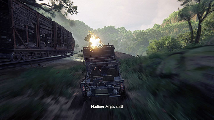 Drive the stolen jeep up to the truck with the machine gun and wait for the grappling hook icon to appear (the screenshot above) - End of the Line - Walkthrough - Uncharted: The Lost Legacy Game Guide