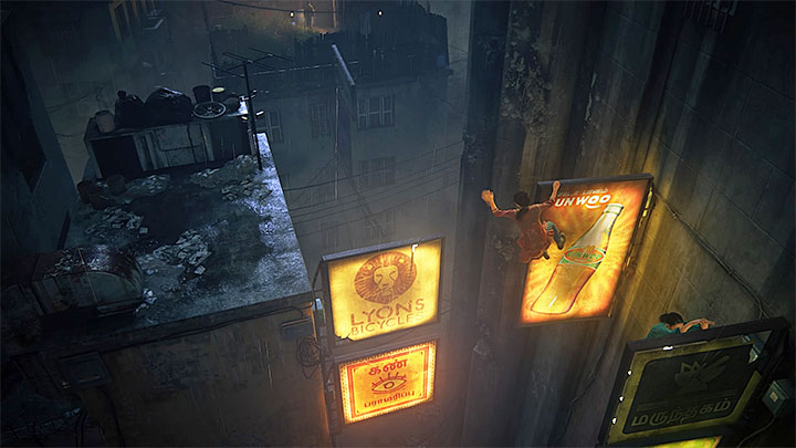 Use neon signs to reach the new roof - - Infiltration - Walkthrough - Uncharted: The Lost Legacy Game Guide