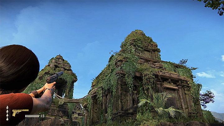 The large courtyard beyond the door is guarded by a large group of opponents - - Ganeshas Fort (Trident) - Walkthrough - Uncharted: The Lost Legacy Game Guide