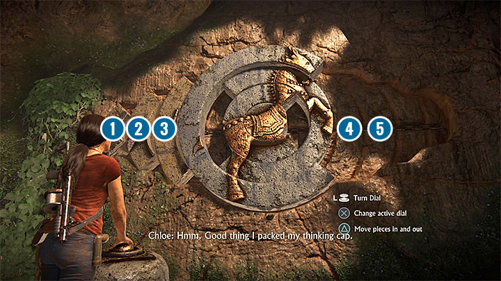 Youll encounter a quite complicated riddle that involves attaching three interactive elements from the left side of the screen (1,2, and 3 on our screenshot) to the central part of the mechanism - 4- Hoysalas Tokens and the Queens Ruby - Walkthrough - Uncharted: The Lost Legacy Game Guide