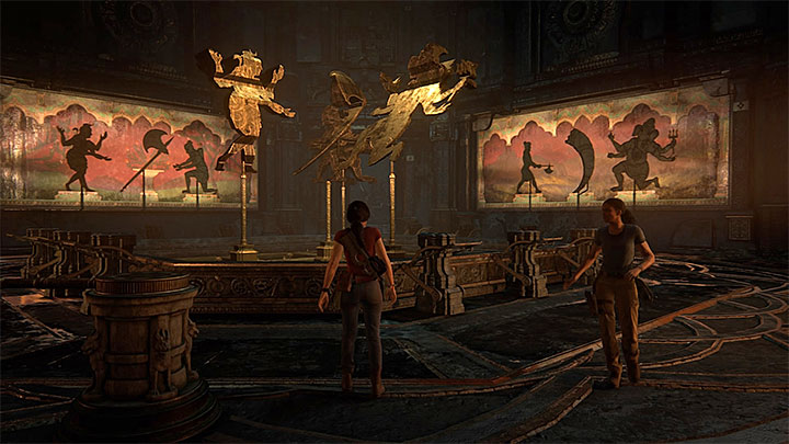 The solution is presented in the picture above - shadows on both walls must completely overlap with the pictures - - Examing the cave - Walkthrough - Uncharted: The Lost Legacy Game Guide