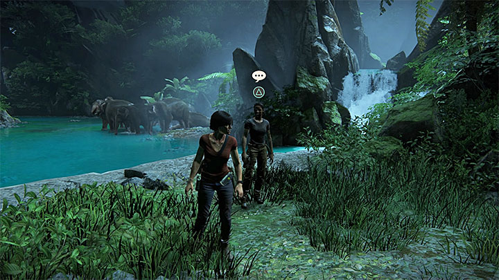 The conversation with Nadine takes place inside the large cave with elephants - Secrets in The Gatekeeper chapter - Secrets - Uncharted: The Lost Legacy Game Guide