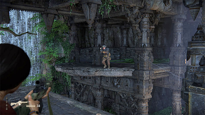 Regardless of whether you have been spotted or not, grapple one of the hooks to reach the next area (inside the ruins, above the external balconies) - - Explore the first part of Belur - Walkthrough - Uncharted: The Lost Legacy Game Guide