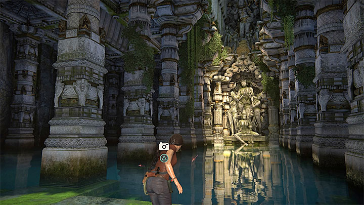 Stand by the flooded part of the chamber shown in the above screenshot to find another photo opportunity location (5/7) - - A visit to the library - Walkthrough - Uncharted: The Lost Legacy Game Guide