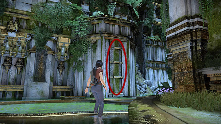 Only after you have carefully explored the entire bottom level, check out the area to the left of the statue and find ledges shown in the above screenshot - Solution to the puzzle with Shivas statue - Walkthrough - Uncharted: The Lost Legacy Game Guide