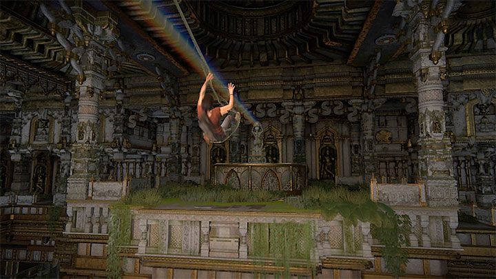 Swing on the rope and jump into the area with prisms - Solution to the puzzle with Shivas statue - Walkthrough - Uncharted: The Lost Legacy Game Guide