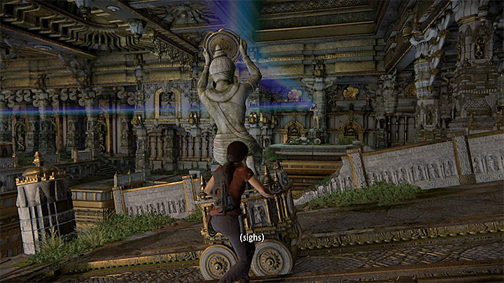 You can now go towards the statue on rails and with mirror, in the distance - Solution to the puzzle with prisms - Walkthrough - Uncharted: The Lost Legacy Game Guide