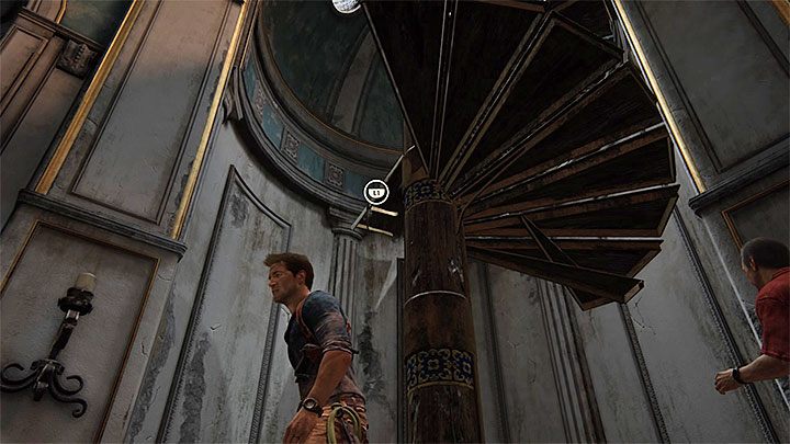 Use the grappling hook by the dilapidated stairs - Uncharted 4: Chapter 11 Hidden in Plain Sight - walkthrough - Walkthrough - Uncharted 4: A Thiefs End Game Guide