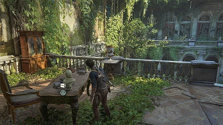 After you reach the upper floor, jump over the destroyed floor fragment and reach the desk shown in the above screenshot, where there is the treasure - Uncharted 4: Chapter 14 Join Me in Paradise - treasure list - Treasures - Uncharted 4: A Thiefs End Game Guide
