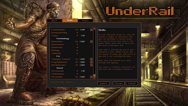 Skill points determine how well your character can use particular skills, like for example pickpocketing, hacking electronic devices or using weapons - Skills | How to create and develop a character - How to create and develop a character - Underrail Game Guide