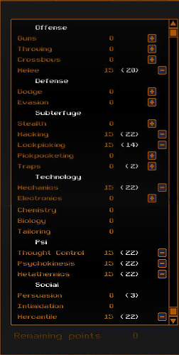 Considering the statistics that we chose, skill points were distributed in the following manner - Character development example | How to create and develop a character - How to create and develop a character - Underrail Game Guide