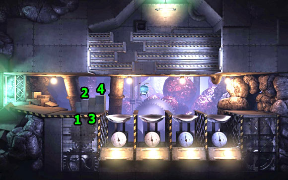 The first puzzle in this level [#3] is about appropriate order of weights in four scales - Pacemaker part 1: Map - Tunnel 1 - Walkthrough - Unmechanical - Game Guide and Walkthrough