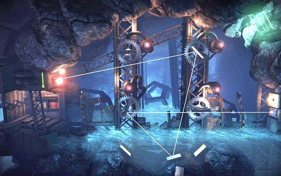 The next puzzle [#6] is about rearranging mirrors, so the laser beam hits dodecahedron under the gate - Pacemaker part 1: Map - Tunnel 1 - Walkthrough - Unmechanical - Game Guide and Walkthrough