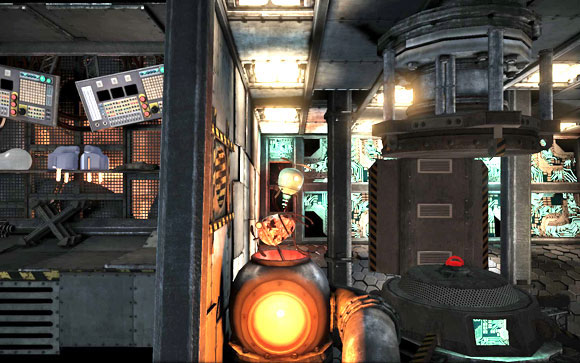 Fly along with janitor to the large cauldron [#3] and throw him inside - Ending 1 - Endings - Unmechanical - Game Guide and Walkthrough