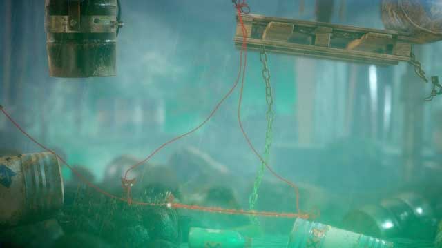 Take off from the trampoline and pull the chain holding the barrels - Level 6 - Down in a Hole - Walkthrough - Unravel - Game Guide and Walkthrough