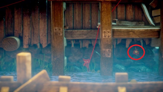 Another button can be collected from the rope or from the swimming wood - Level 5 - Off the Rails - Secret collectibles - buttons - Unravel - Game Guide and Walkthrough