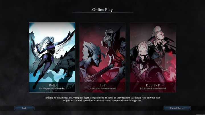 By selecting the "Online game" option, you will be able to join one of the public servers and play together or against other vampires - V Rising: Game modes and servers - game mode list and information about servers - Basics - V Rising Guide
