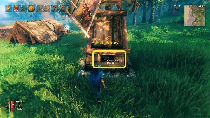 On the side of the windmill you will find a hole for barley - it can hold up to 50 bundles - Valheim: Windmill - Basics - Valheim Guide