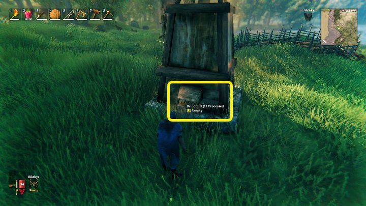 Once the windmill starts turning, it will grind grains into barley flour - you can obtain it from the spot pictured in the image above - Valheim: Windmill - Basics - Valheim Guide