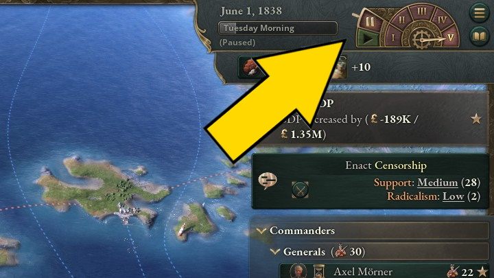 Here you can check the current date and change the game's speed - Victoria 3: Game interface - Basics - Victoria 3 Guide