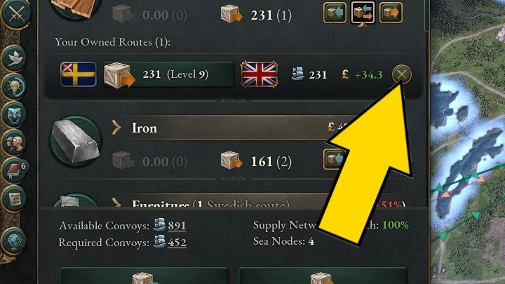 To shut down a Trade Route, select the goods you are interested in from the list and click the cross icon next to the route - Victoria 3: How to create Trade Routes? - FAQ - Victoria 3 Guide