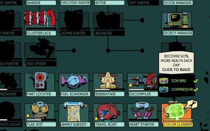 Later in the campaign, you will be able to unlock the Colon Cleanser project from the bottom right corner of the Workbench menu (it requires Ion Bru and Compressor parts) - How to get food and how to heal characters in Void Bastards? - FAQ - Void Bastards Guide and Tips