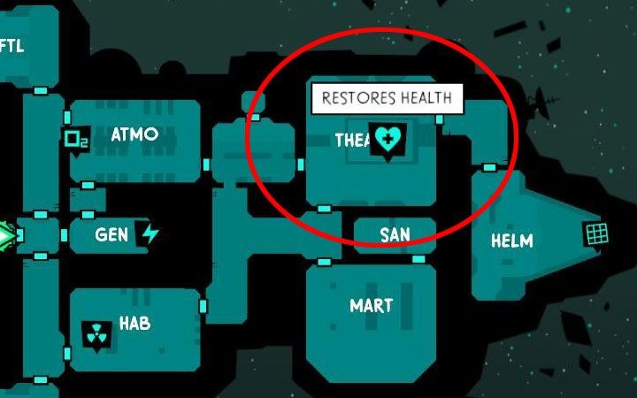 Ships with a THEATRE room give you a unique opportunity to heal the character during a mission (example in the picture) - How to get food and how to heal characters in Void Bastards? - FAQ - Void Bastards Guide and Tips