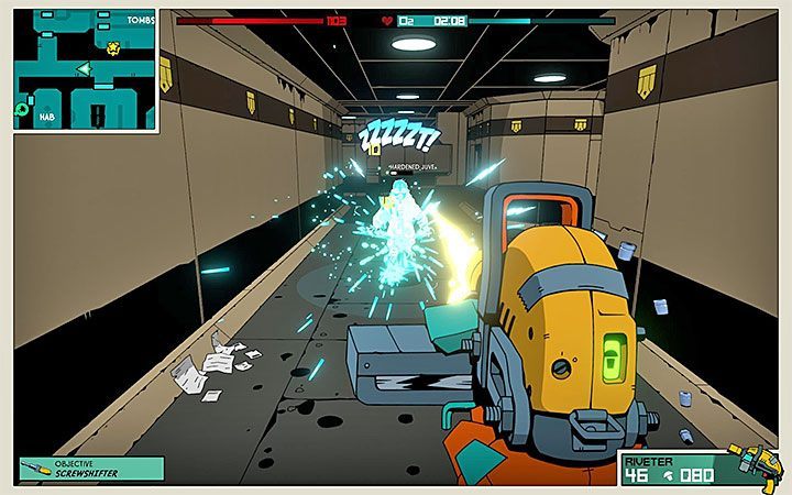 Riveter is a weapon distinguished by the fact that it can shoot a continuous series of bullets - Best weapons and gadgets in Void Bastards - Tables - Void Bastards Guide and Tips