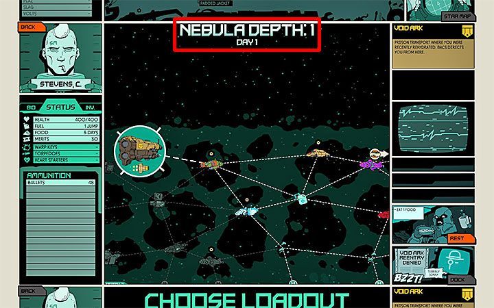 You start in Nebula Depth: 1 - What are the Nebula Depths in Void Bastards? - FAQ - Void Bastards Guide and Tips