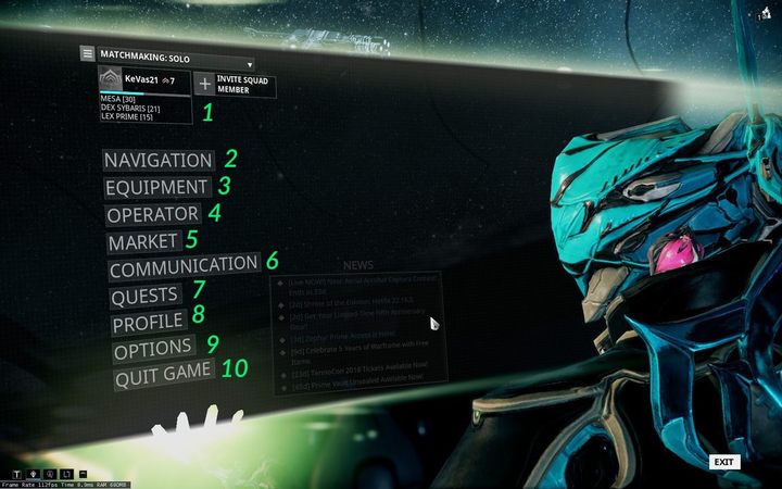 In this section, you will learn how to navigate the main menu in Warframe in search for key topics - where you can find the star map, how to set equipment, check the codex and missions - Warframe - Interface - Main Menu - Basics - Warframe Game Guide