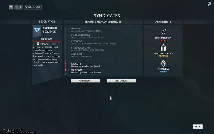 The Perrin Sequence is in good standing with New Loka - +50% to New Loka reputation when completing missions for The Perrin Sequence - Warframe - The Perrin Sequence - Warframe - Syndicates - Warframe Game Guide