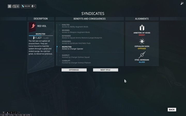 Red Veil is in good standing with (Steel Meridian) - +50% to Steel Meridian reputation when completing missions for Red Veil - Warframe - Red Veil - Warframe - Syndicates - Warframe Game Guide