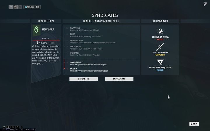 New Loka is in good relations with The Perrin Sequence - +50% of each New Loka reputation gain is added to The Perin Sequence reputation bar - Warframe - New Loka - Warframe - Syndicates - Warframe Game Guide