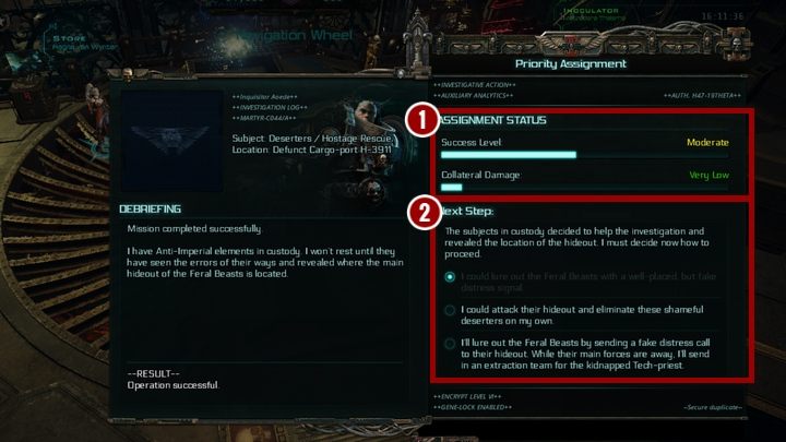 Another important element of Priority Missions are success and loss indicators [1] - Priority missions in Warhammer Inquisitor - Martyr - Type of missions - Warhammer Inquisitor - Martyr Game Guide