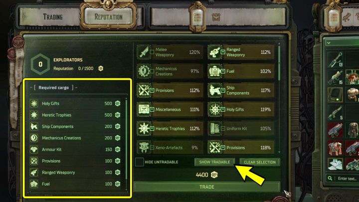 To deliver cargo, in the trade window, enter the Reputation tab and choose cargo you want to deliver to the faction - Rogue Trader: How to increase reputation? - How to - WH40K: Rogue Trader Guide