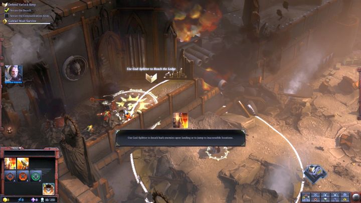 Use Gabriels second active ability, God-Splitter, to get to the specified place. - Mission 1 - The Defense of Varlock Keep - Campaign Walkthrough - Warhammer 40,000: Dawn of War III Game Guide